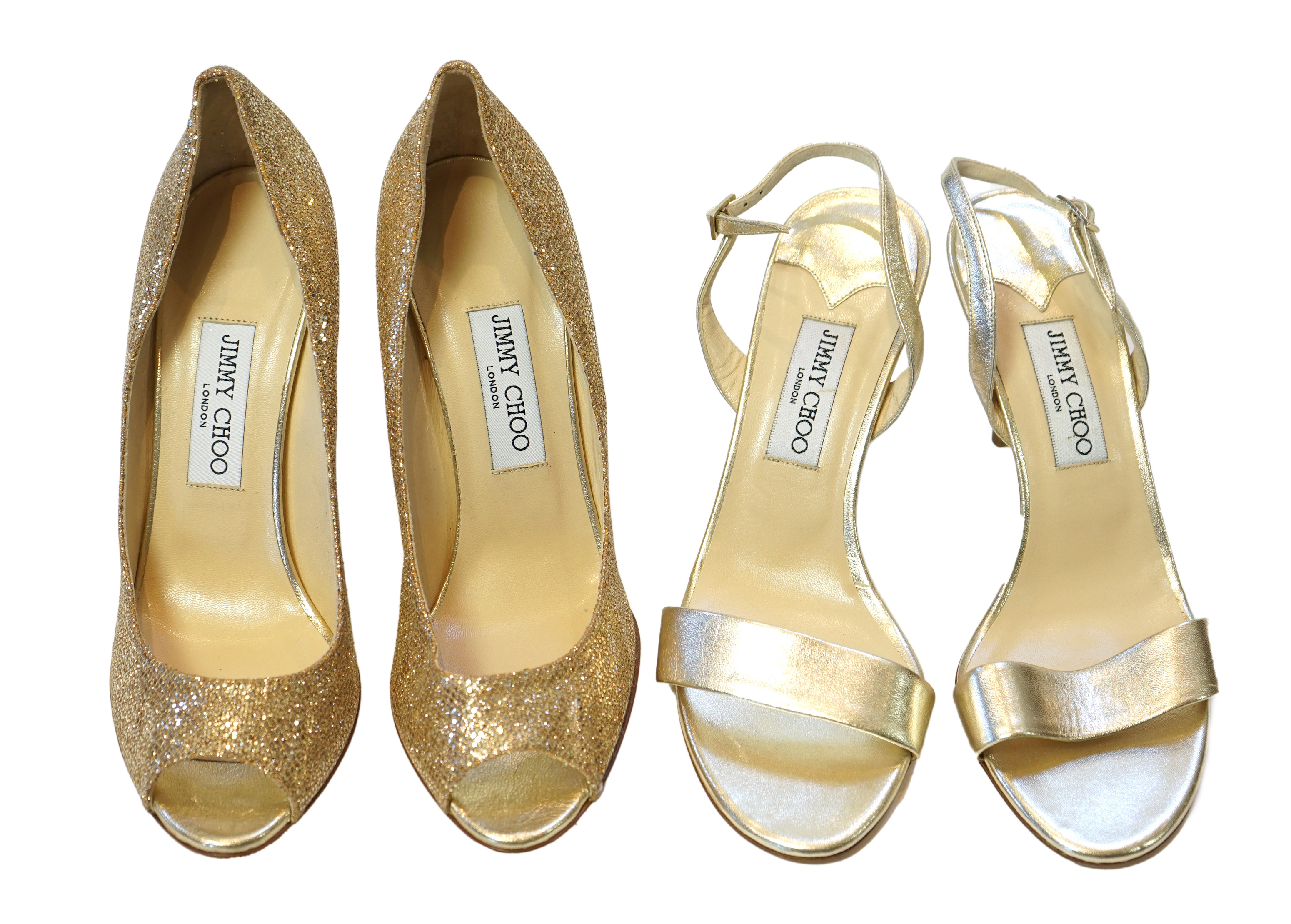 Two pairs of Jimmy Choo gold lady's heeled shoes, size EU 39